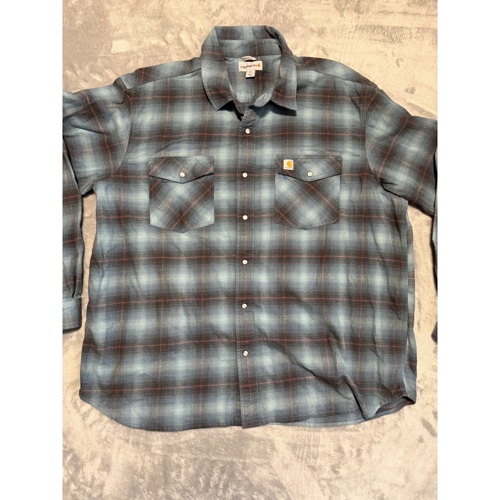 Carhartt Flannel Shirt Mens 2XL Blue Plaid Relaxed Fit Long Sleeve Snap Button